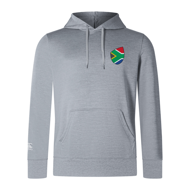 The EMB Canterbury South Africa Shield Club Lightweight Hoodie is gray, with a South African flag patch on the chest. It's perfect for rugby enthusiasts, featuring drawstrings, a kangaroo pocket, and long sleeves.