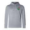 The EMB Canterbury South Africa Shield Club Lightweight Hoodie is gray, with a South African flag patch on the chest. It's perfect for rugby enthusiasts, featuring drawstrings, a kangaroo pocket, and long sleeves.