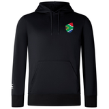 The EMB Canterbury South Africa Shield Club Lightweight Hoodie is ideal for rugby fans, featuring a black design with a drawstring, a multicolored shield emblem on the left chest, and a small white logo on the right sleeve. Perfect for supporting your favorite South African team.
