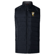 Black puffer vest featuring insulated baffles for optimal Thermoreg, a high collar, and a front zipper. The Spokane Rugby Women's Elite Microlite Gilet by EMB Canterbury showcases an Elite Gilet design with a yellow emblem on the left chest reading "CUCHULAINN HURLING.