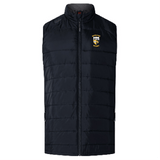 Black puffer vest featuring insulated baffles for optimal Thermoreg, a high collar, and a front zipper. The Spokane Rugby Women's Elite Microlite Gilet by EMB Canterbury showcases an Elite Gilet design with a yellow emblem on the left chest reading "CUCHULAINN HURLING.