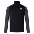 The Spokane Rugby Women's Elite First Layer by Canterbury, in black and gray, is a long-sleeve quarter-zip pullover from EMB Canterbury. It showcases an Elite First Layer design with a logo on the chest and is crafted with VapoDri technology. Its honeycomb fabric ensures optimal comfort and breathability.