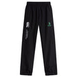 The Summit Rugby Cuffed Hem Stadium Pant by Canterbury from EMB Canterbury features black sports track pants with an elastic waist and ankles. They showcase "Canterbury of New Zealand" text on the left leg and a green Canterbury logo on the right leg. Tailored for both comfort and style, these cuffed hem stadium pants are perfect for any rugby enthusiast.