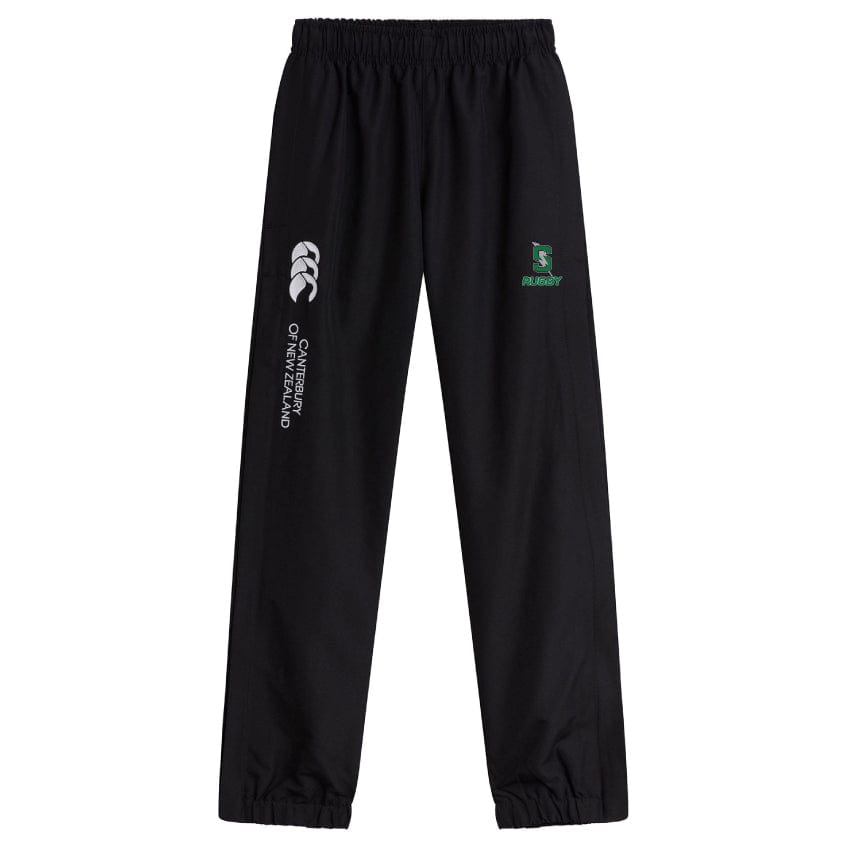 The Summit Rugby Cuffed Hem Stadium Pant by Canterbury from EMB Canterbury features black sports track pants with an elastic waist and ankles. They showcase "Canterbury of New Zealand" text on the left leg and a green Canterbury logo on the right leg. Tailored for both comfort and style, these cuffed hem stadium pants are perfect for any rugby enthusiast.