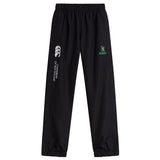 The Summit Rugby Cuffed Hem Stadium Pant by Canterbury from EMB Canterbury features black sports track pants with an elastic waist and ankles. They showcase "Canterbury of New Zealand" text on the left leg and a green Canterbury logo on the right leg. Tailored for both comfort and style, these cuffed hem stadium pants are perfect for any rugby enthusiast.