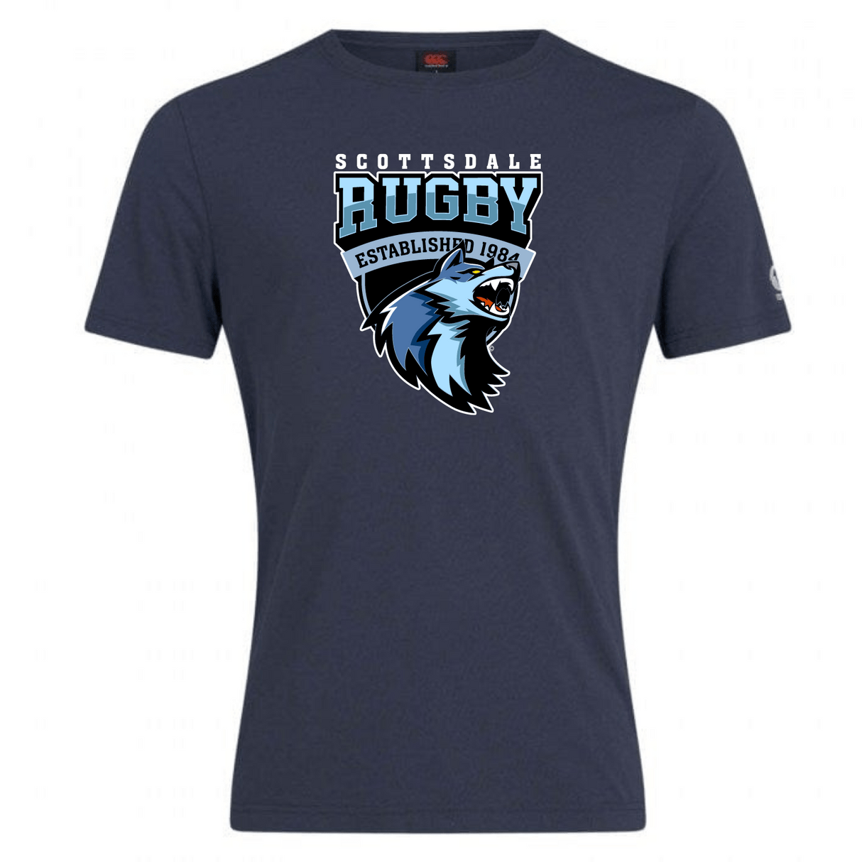 Navy blue t-shirt with the "Scottsdale Rugby Club Plain Tee by Canterbury" logo featuring a stylized wolf's head and the year 1984, crafted from a comfortable cotton blend.