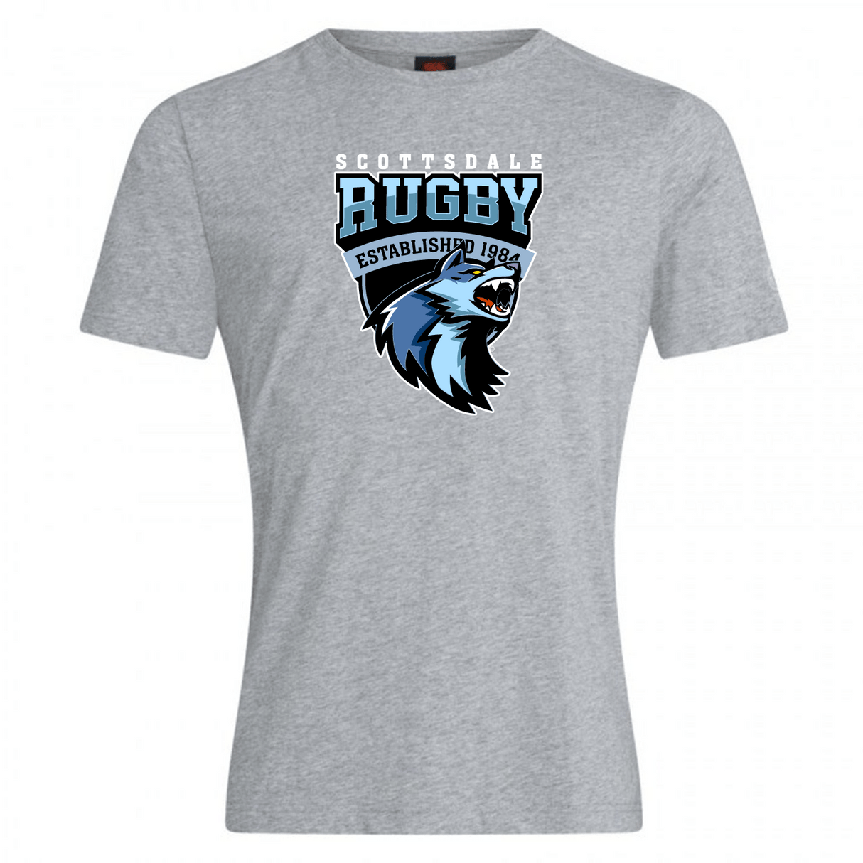 Gray Scottsdale Rugby Club Plain Tee by WRS Canterbury, featuring "Scottsdale rugby established 1984" and a logo of a blue roaring lion's head, crafted from a comfortable cotton blend.