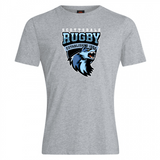 Gray Scottsdale Rugby Club Plain Tee by WRS Canterbury, featuring "Scottsdale rugby established 1984" and a logo of a blue roaring lion's head, crafted from a comfortable cotton blend.