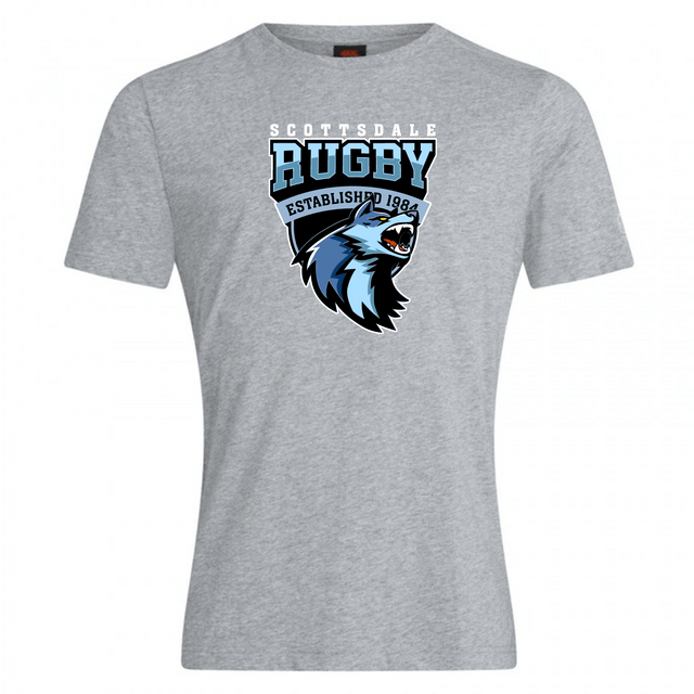 Gray Scottsdale Rugby Club Plain Tee by WRS Canterbury, featuring "Scottsdale rugby established 1984" and a logo of a blue roaring lion's head, crafted from a comfortable cotton blend.