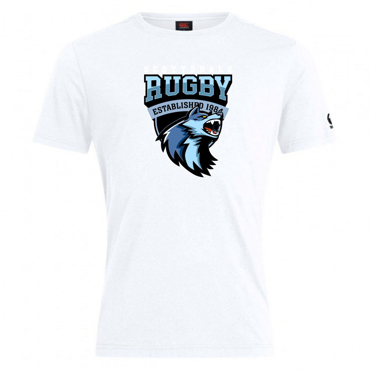 White Scottsdale Rugby Club Plain tee by WRS Canterbury featuring a graphic design with the word "rugby" and "established 1984" above a stylized roaring bear logo, crafted from a comfortable cotton blend.