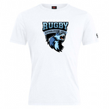 White Scottsdale Rugby Club Plain tee by WRS Canterbury featuring a graphic design with the word "rugby" and "established 1984" above a stylized roaring bear logo, crafted from a comfortable cotton blend.