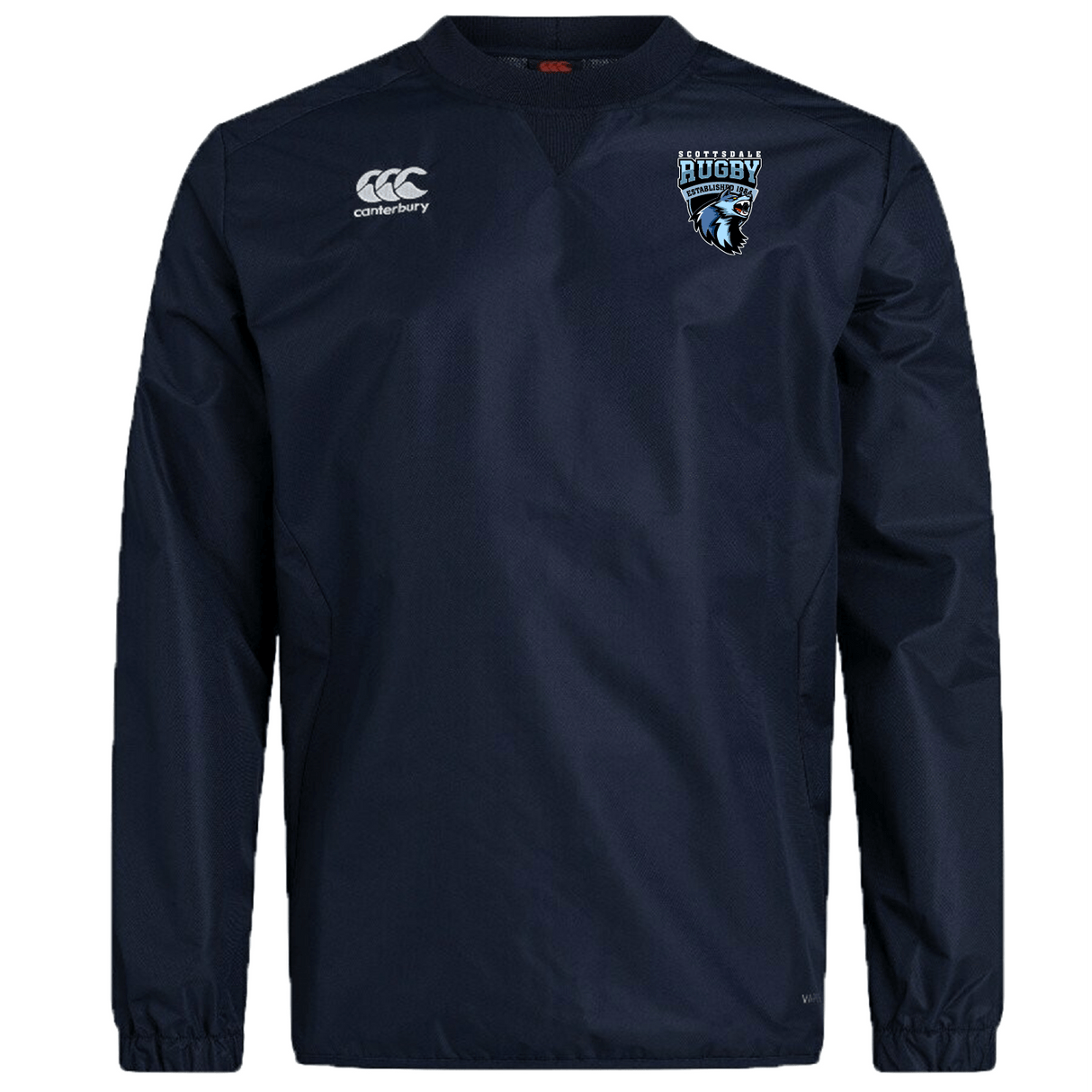 Scottsdale Rugby Club Vaposhield Contact Top by EMB Canterbury with the EMB Canterbury logo on the right chest and a rugby team emblem on the left, crafted from water repellent fabric.
