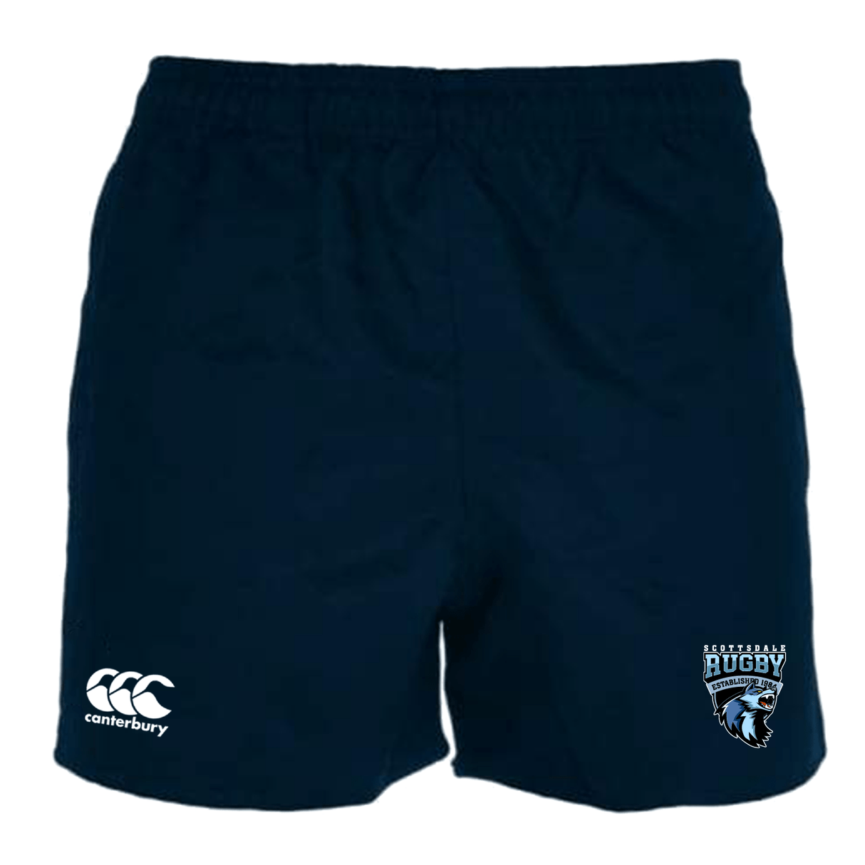 Navy blue Scottsdale Rugby Professional Polyester Rugby Short by EMB Canterbury with a logo on the left leg and a lion emblem on the right, featuring an elasticated waistband.