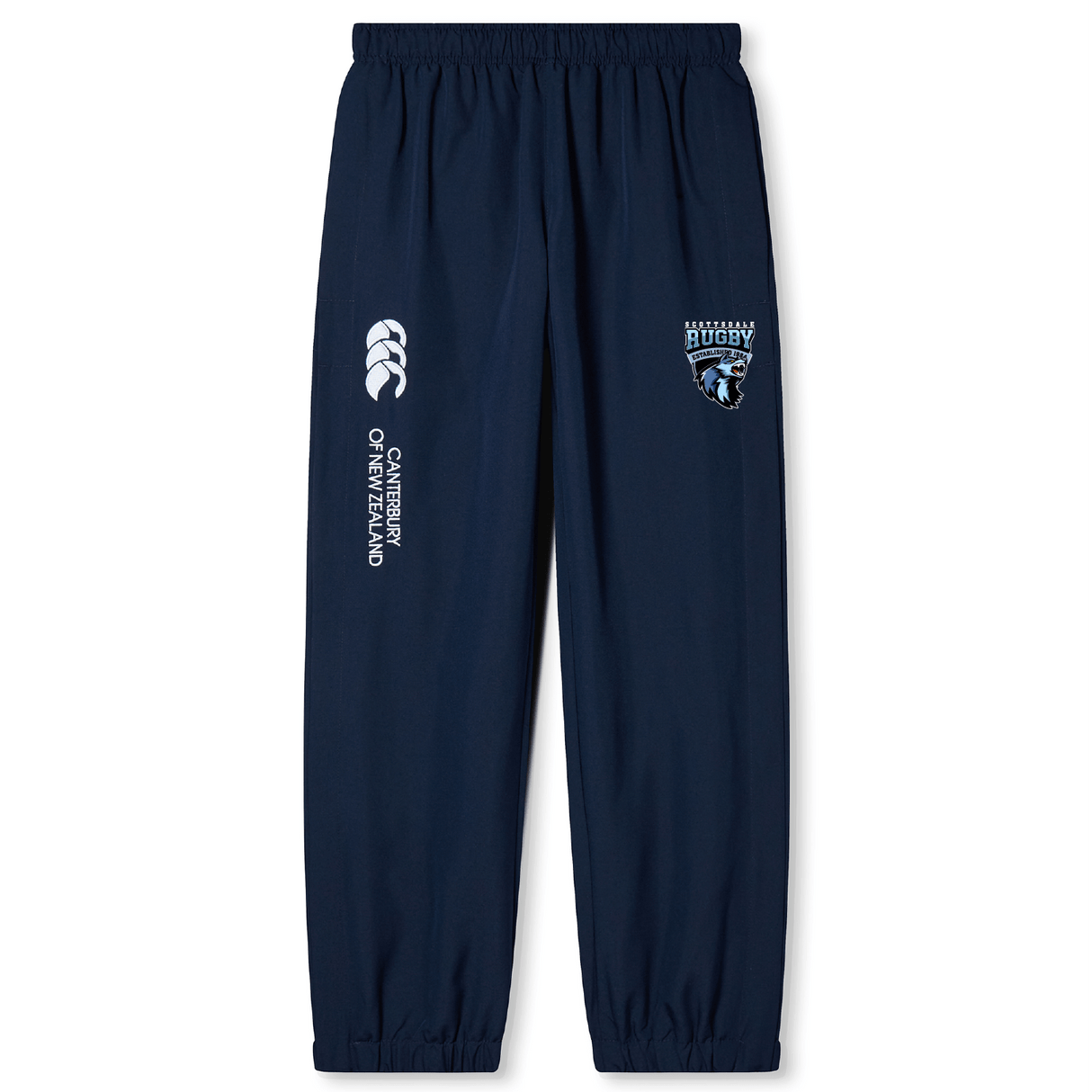 Navy blue athletic sweatpants with a white "EMB Canterbury rugby" logo and a bear mascot graphic on the upper left leg, featuring a cuffed hem.