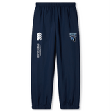 Navy blue athletic sweatpants with a white "EMB Canterbury rugby" logo and a bear mascot graphic on the upper left leg, featuring a cuffed hem.