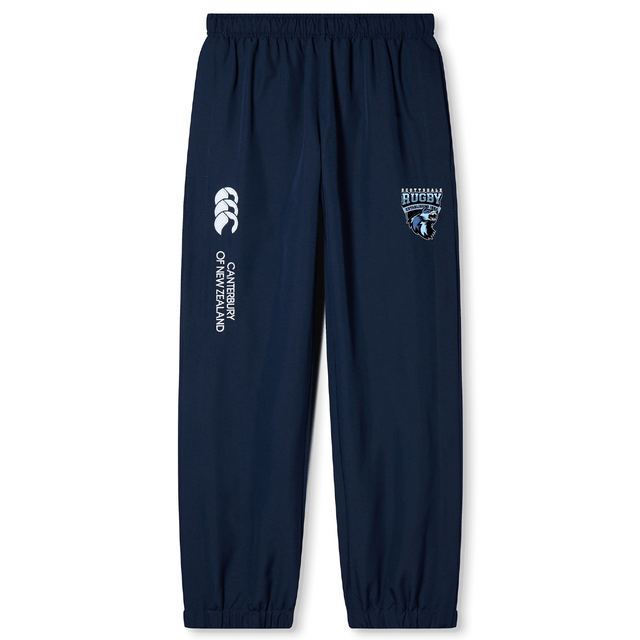 Navy blue athletic sweatpants with a white "EMB Canterbury rugby" logo and a bear mascot graphic on the upper left leg, featuring a cuffed hem.