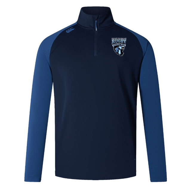 Navy blue Scottsdale Rugby Elite First Layer by EMB Canterbury quarter-zip rugby pullover with contrasting blue sleeves, featuring a "rugby football" emblem on the left chest.