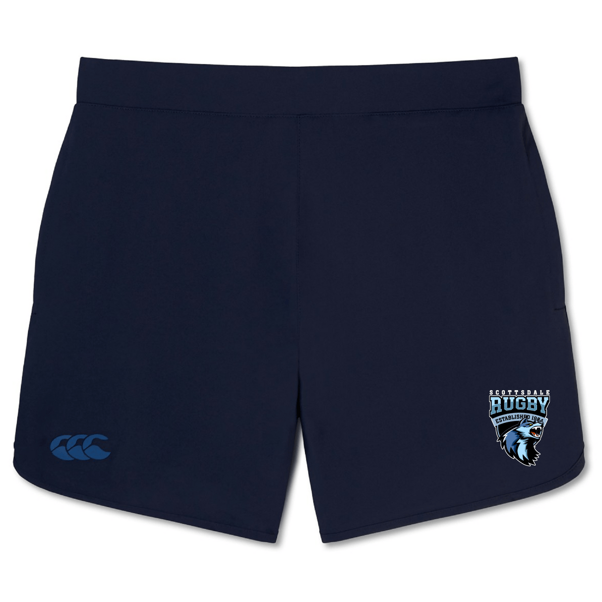 Scottsdale Rugby Elite Woven gym shorts with a light blue EMB Canterbury logo on the left and 'essential rugby' text and emblem on the right leg.