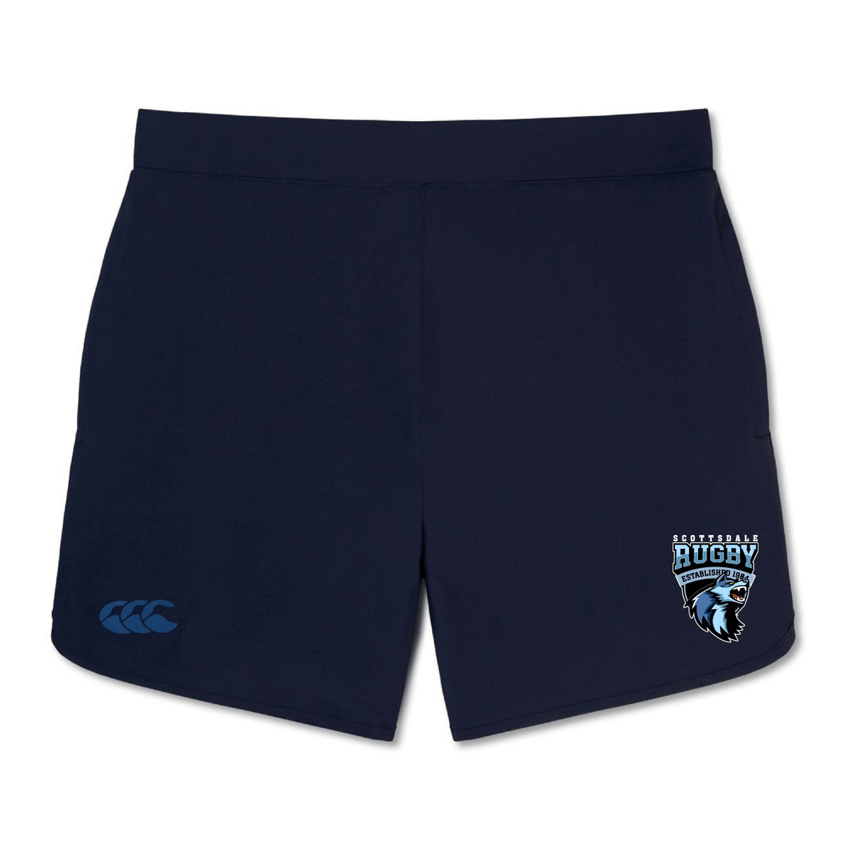 Navy blue gym shorts with the EMB Canterbury logo on the left thigh and a "Scottish rugby" emblem with a thistle design on the right leg.