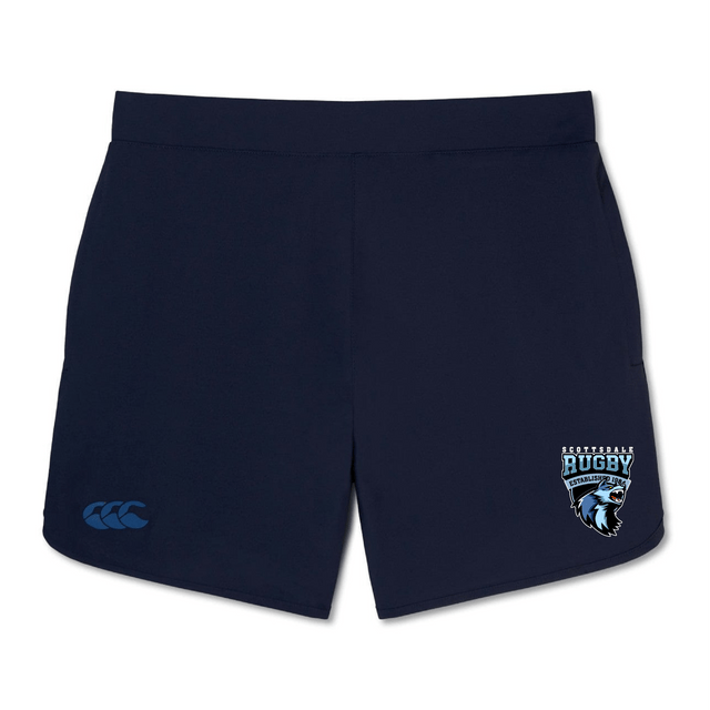 Navy blue gym shorts with the EMB Canterbury logo on the left thigh and a "Scottish rugby" emblem with a thistle design on the right leg.