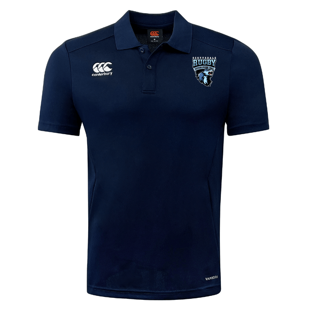 Navy blue breathable Scottsdale Rugby Club Dry Polo featuring the Scotland rugby team logo on the left chest and the EMB Canterbury brand logo on the right chest, enhanced with Vapodri Technology.