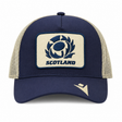 The Scotland SRU 26/27 Trucker Cap by Macron features a navy blue and beige mesh design, with "Scotland" text and a rugby logo patch on the front, styled like the official Scotland SRU trucker cap.