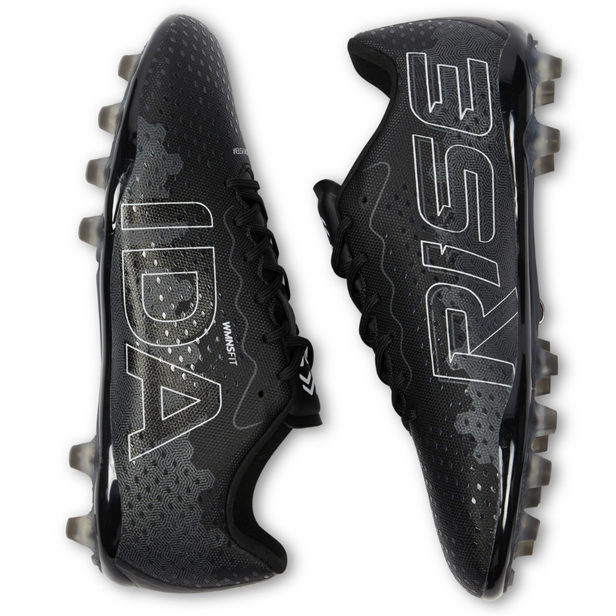 The Ida Women's Rise Club FG "Stronger Together" cleats from IDA Sports feature vegan black leather with large white text—"IDA" on the left shoe and "RISE" on the right. Crafted for women, these adjustable cleats ensure maximum comfort and performance on the field.