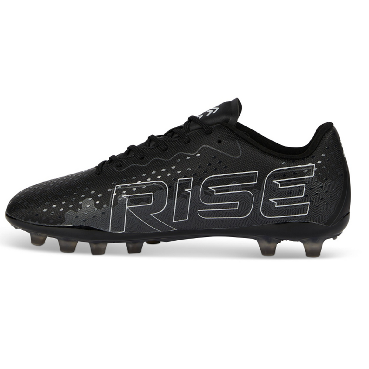 The Ida Women's Rise Club FG "Stronger Together" cleat by IDA Sports is black, crafted from vegan leather with "RISE" in large white letters. It features an adjustable fit for comfort and performance, specifically designed as women's soccer cleats.