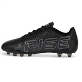 The Ida Women's Rise Club FG "Stronger Together" cleat by IDA Sports is black, crafted from vegan leather with "RISE" in large white letters. It features an adjustable fit for comfort and performance, specifically designed as women's soccer cleats.