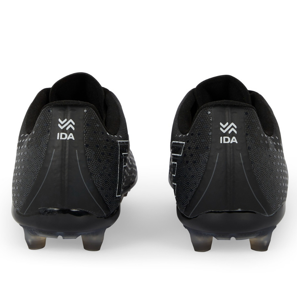 Black women's soccer cleats from IDA Sports feature white logos and "IDA" on the vegan leather heels, officially named Ida Women's Rise Club FG "Stronger Together" - Black.