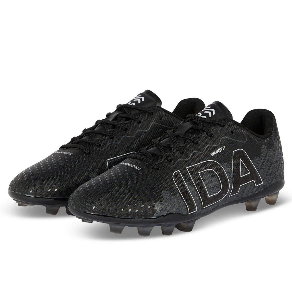 Black and white Ida Women's Rise Club FG cleats from IDA Sports, crafted from vegan leather with laces for a sleek finish. "Stronger Together" features on the side, offering an adjustable fit tailored for women.