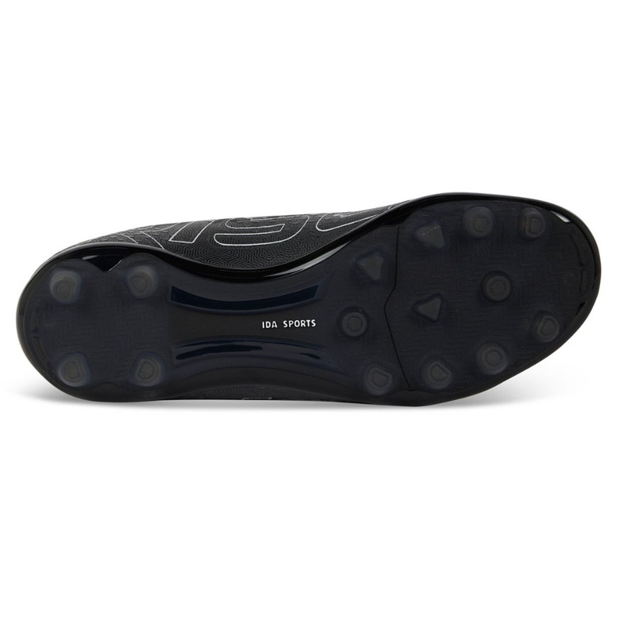 The Ida Women's Rise Club FG "Stronger Together" - Black cleat's sole displays multiple studs for traction and features the IDA Sports logo. Made from vegan leather, these cleats offer both performance and style.