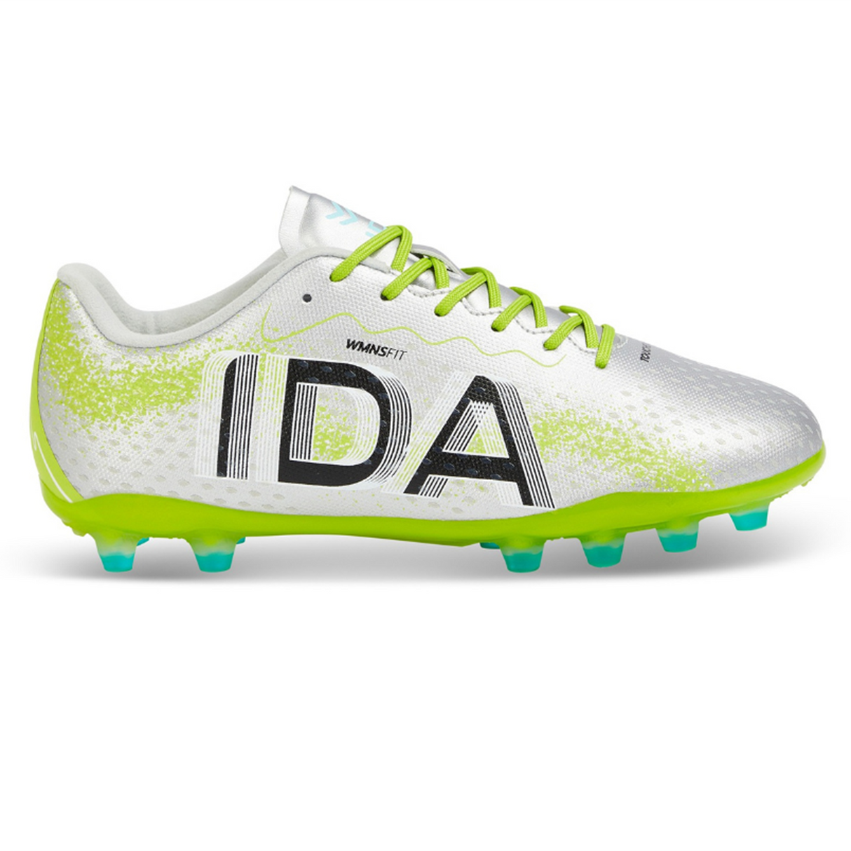 The Ida Women's Rise Club FG "Play All Day" by IDA Sports is a silver/green firm ground cleat for women, crafted from vegan leather with "IDA" on the side. It has a textured design and lime green laces.