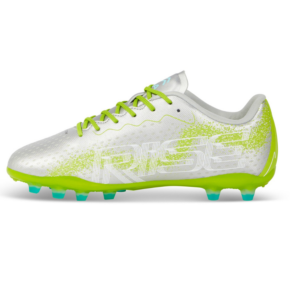 Introducing the Ida Women's Rise Club FG "Play All Day" in silver/green by IDA Sports. Crafted from premium vegan leather, this firm ground cleat features "RISE" on its sleek design with vibrant green studs for optimal performance.