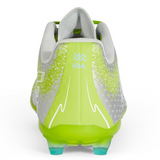 The Ida Women's Rise Club FG "Play All Day" by IDA Sports is made with vegan leather in silver and green. It has a rear view design, adjustable fit, textured pattern, and the word "IDA" on the back. Designed for firm ground play.