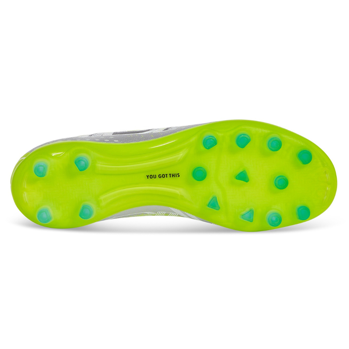 The Ida Women's Rise Club FG "Play All Day" by IDA Sports features a sole with neon green, blue-studded cleats and the empowering phrase "YOU GOT THIS" printed in the middle.
