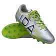 The Ida Women's Rise Club FG "Play All Day" by IDA Sports is a pair of silver vegan leather soccer cleats with neon green laces and soles, featuring black lettering for an adjustable fit.
