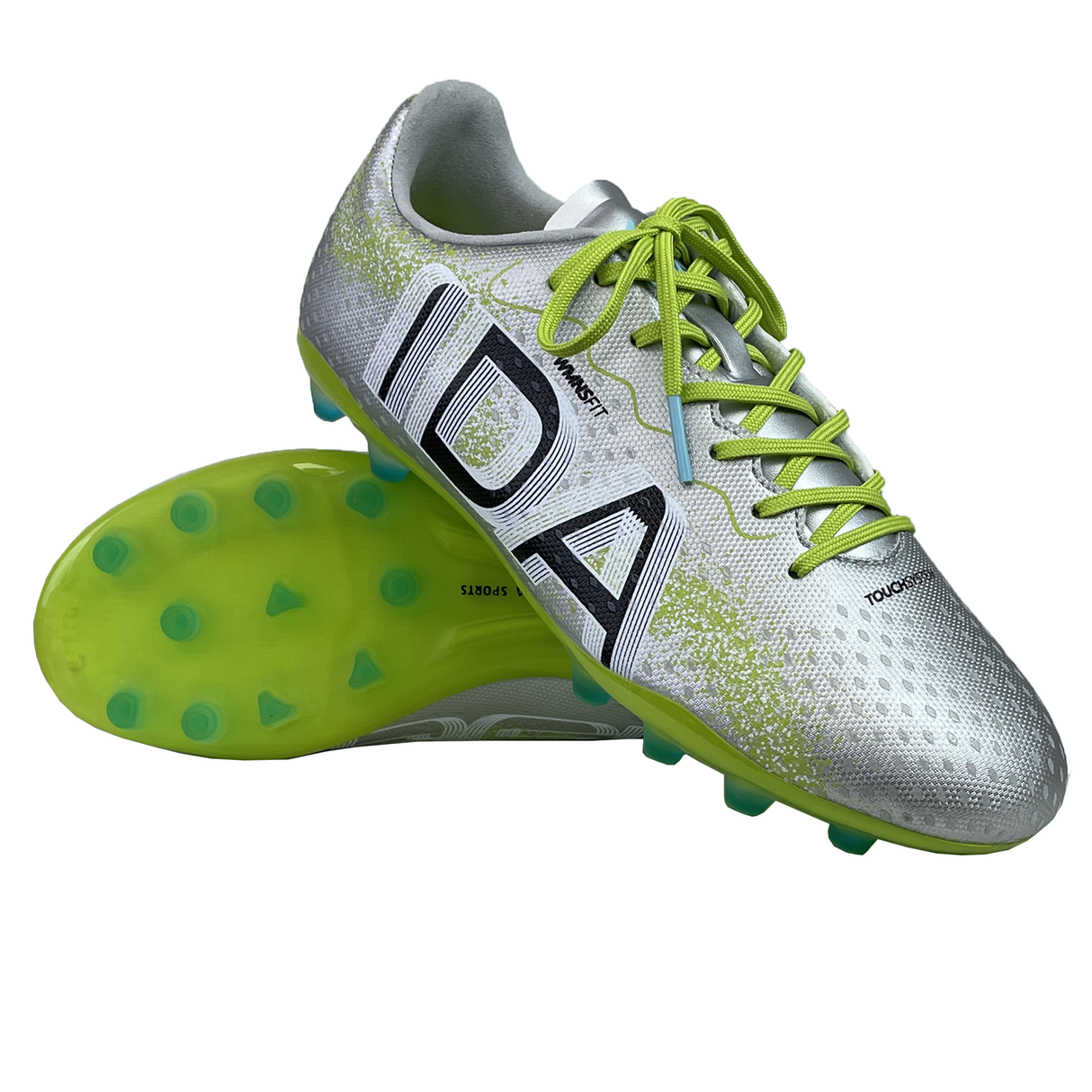 The Ida Women's Rise Club FG "Play All Day" by IDA Sports is a pair of silver vegan leather soccer cleats with neon green laces and soles, featuring black lettering for an adjustable fit.
