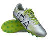 The Ida Women's Rise Club FG "Play All Day" by IDA Sports is a pair of silver vegan leather soccer cleats with neon green laces and soles, featuring black lettering for an adjustable fit.