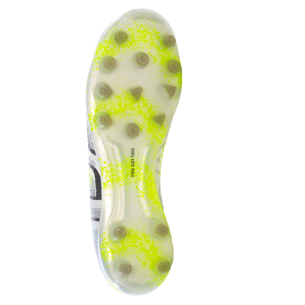 Bottom view of the Ida Women's Rise Elite FG "Play All Day" soccer cleat by IDA Sports, featuring a silver and green sole with multiple studs and the motivational phrase "YOU GOT THIS" printed on it.
