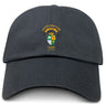 The EMB S&S Activewear South Side Irish 50th Anniversary Adult Low-Profile Cotton Twill Dad Cap in black features embroidered team branding, a crest, and "South Side Irish Rugby Chicago 50 Years" in yellow and green.