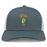 The EMB S&S Activewear South Side Irish 50th Anniversary Retro Trucker Cap features a gray and white design with colorful embroidery and "South Side Irish, 50 Years, Parade, Chicago" on the front.