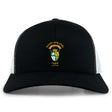 The South Side Irish 50th Anniversary Retro Trucker Cap by EMB S&S Activewear features an embroidered Chicago crest, "50 Years" front text, classic black and white design, and a snapback closure.