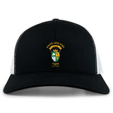 The South Side Irish 50th Anniversary Retro Trucker Cap by EMB S&S Activewear features an embroidered Chicago crest, "50 Years" front text, classic black and white design, and a snapback closure.