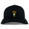 The South Side Irish 50th Anniversary Retro Trucker Cap by EMB S&S Activewear features an embroidered Chicago crest, "50 Years" front text, classic black and white design, and a snapback closure.