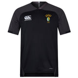 The South Side Irish 50th Anniversary Vapodri Evader Jersey by EMB Canterbury is a black short-sleeve rugby shirt with the Canterbury logo on the right chest and a multicolored crest on the left, featuring moisture-wicking technology for comfort.