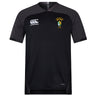 The South Side Irish 50th Anniversary Vapodri Evader Jersey by EMB Canterbury is a black short-sleeve rugby shirt with the Canterbury logo on the right chest and a multicolored crest on the left, featuring moisture-wicking technology for comfort.