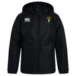 The South Side Irish 50th Anniversary Club Vaposhield Stadium Jacket by EMB Canterbury is a black zip-up hooded jacket with a Canterbury logo on the right chest, an embroidered yellow and green crest on the left, and padded insulation for warmth.