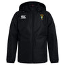 The South Side Irish 50th Anniversary Club Vaposhield Stadium Jacket by EMB Canterbury is a black zip-up hooded jacket with a Canterbury logo on the right chest, an embroidered yellow and green crest on the left, and padded insulation for warmth.