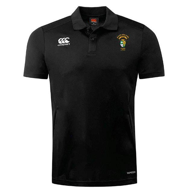 The South Side Irish 50th Anniversary Club Dry Polo by EMB Canterbury is a black short-sleeve polo with a collar and white South African Rugby logos. Made with breathable Vapodri technology for cool, comfortable wear.